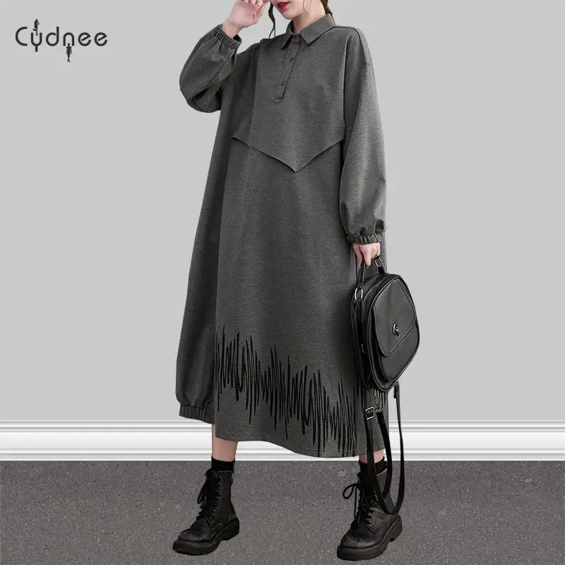 Women's One-Piece Parka Tunic Plus Size Nude Long Sleeve Half Placket Long Dress Loose Silhouette Stylish Midi Dresses