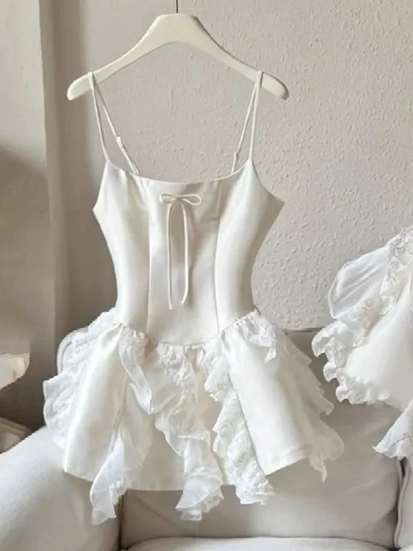 Elegant White Lace Sleeveless Dress Women's Fashion High Waist Polka Dot Print City Commute Date Party Shopping Urban Walk