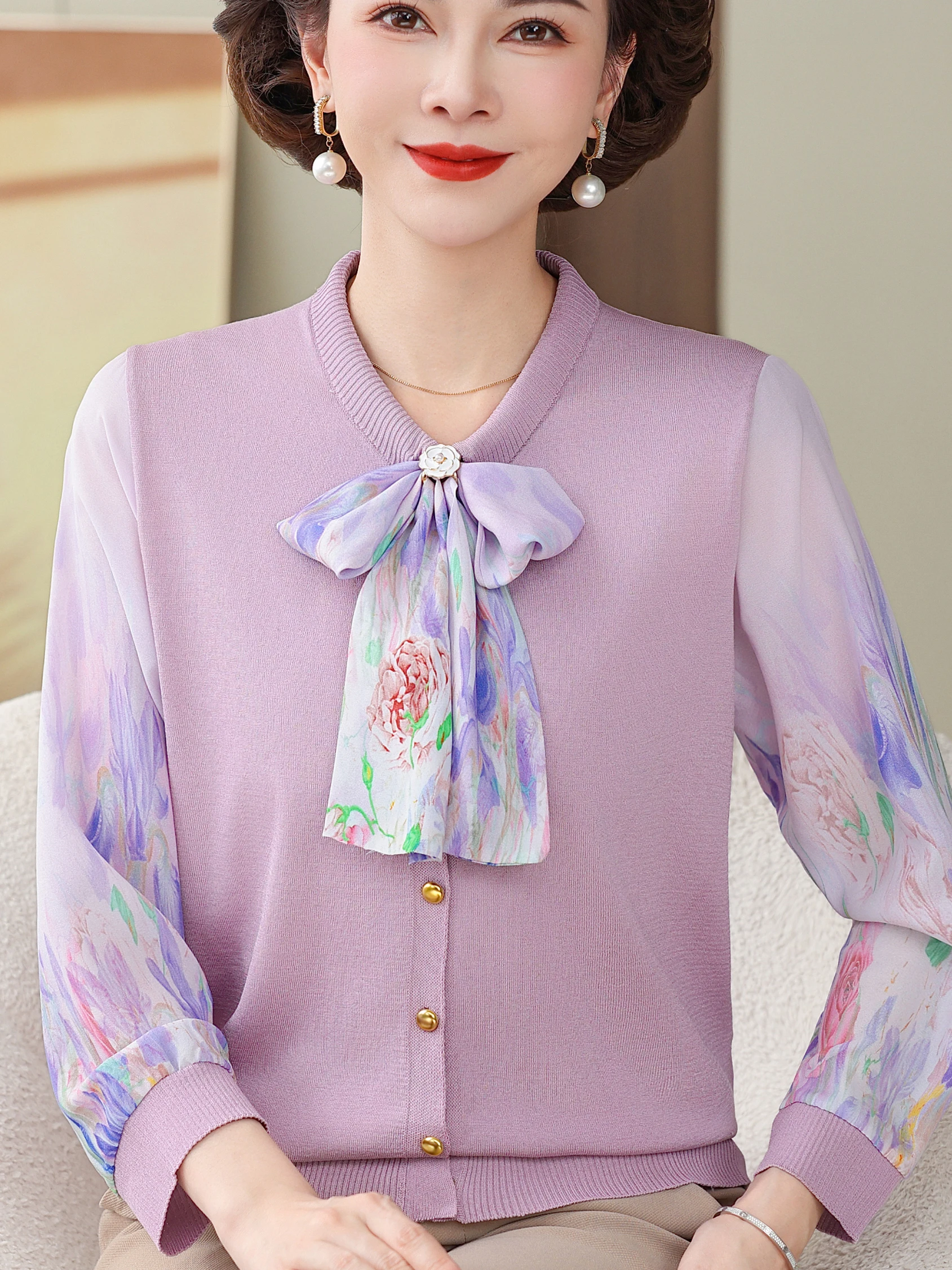 

Spring Summer Ice Silk Thin Sve T-irt for Middle-Aged And ly Women Faionable Loose Fit Regular Sve round Ne