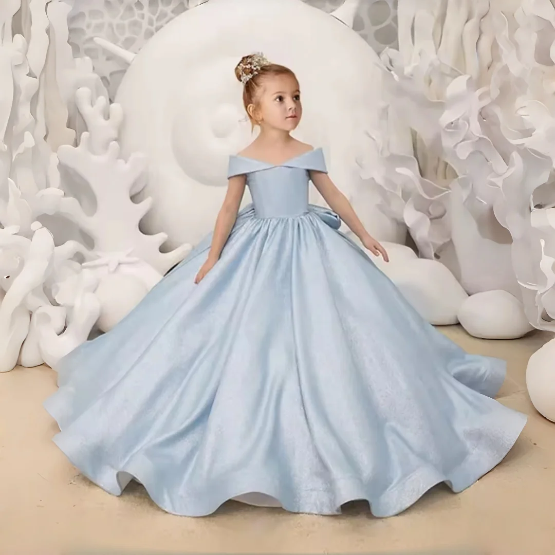 Off Shoulder White Satin Girls First Communion Dress Big Bow Ball Gown Floor Length With Train Kids Pageant Flower Girl Dresses