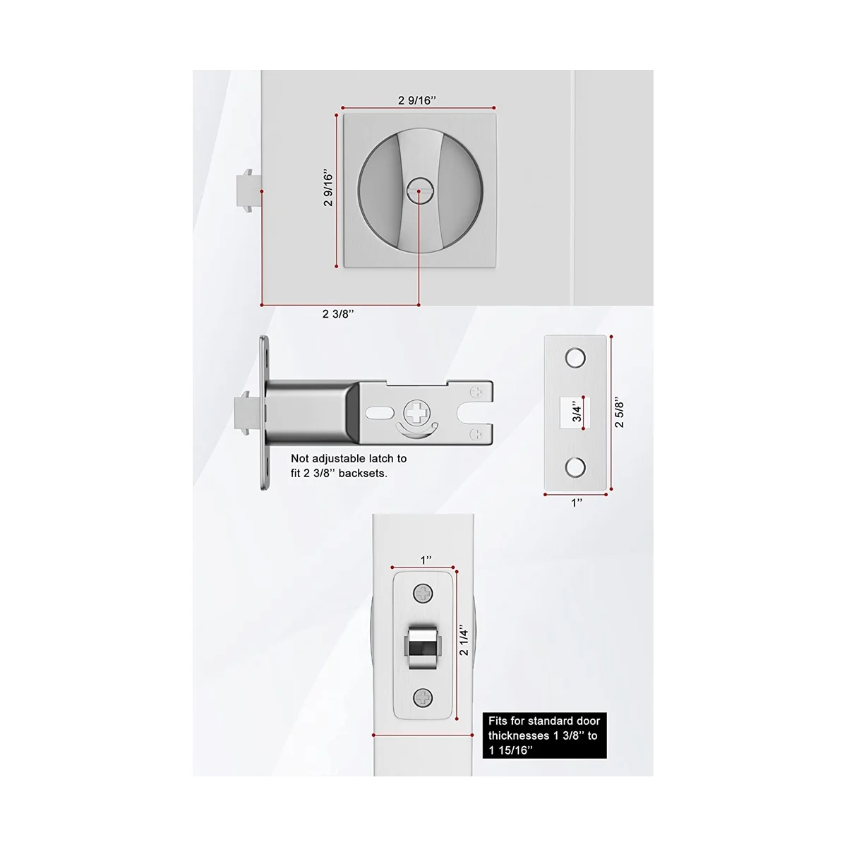 Bed/Bath Pocket Door Lock, Satin Nickel Contemporary Privacy Square Pocket Door Hardware, Sliding Pocket Door Latch