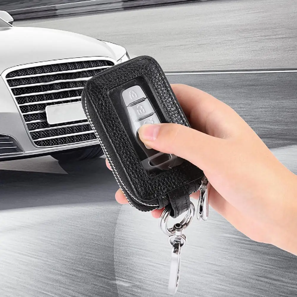 Portable Key Bag Faux Leather Car Key Case with Window Metal Hook Keyring Chain Portable Remote Key Fob Holder Zipper Pouch
