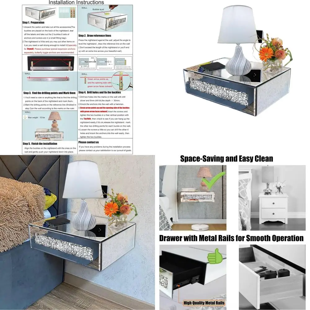 

Гламурная стеклянная тумбочка с выдвижным ящиком, серебряные хрустальные акценты, идеально подходит для спален и небольших помещений, 14,5x11,5x4,5