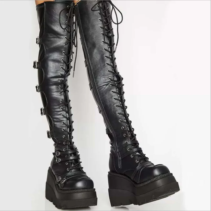 Gothic Thigh High Boots Women Platform Wedges Motorcycle Boot Over The Knee Army Stripper Heels Punk Lace-up Belt Buckle Long images - 6