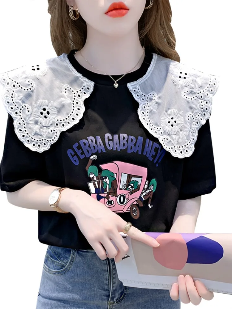 Design Sensation puur katoen ort Sve T-shirt Dames Faionable Veelzijdige poppenkraag Top Lente Zomer Nieuwe collectie