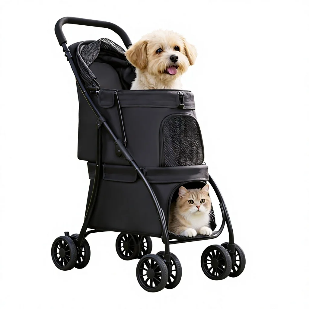 Double-decker Metal Pet Stroller Lightweight Foldable Two-Tier Outdoor Cart for Small/Medium Pets Detachable Dog/Cat