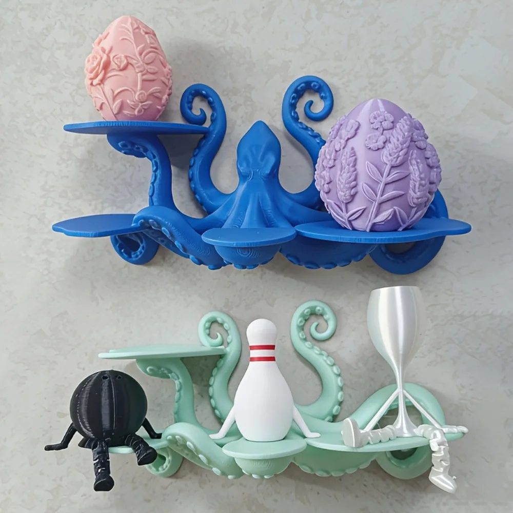 3D Printed Octopus Multi-Tier Wall Shelf Coastal Ocean Themed Floating Display Rack Decorative Wall Mount Organizer for Bathroom