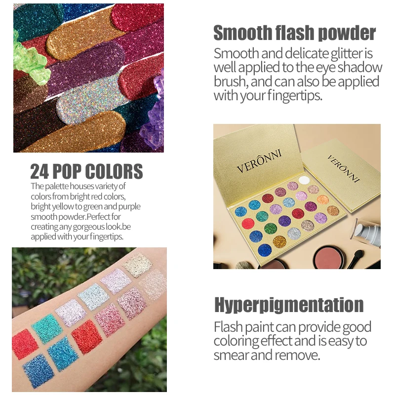 24 Colours Sequin Eyeshadow Palette Golden Glitter Finish Eyeshadow PaletteWaterproof Smokey Beauty Face and Body Glitter Makeup