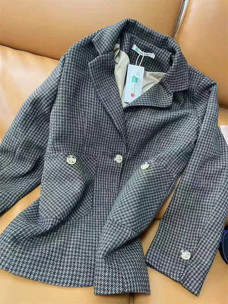 2024 New Houndstooth Suit Jacket Women Plaid Blazers Spring Autumn Casual Tops Female Coat Single Button Retro Woolen Outerwear