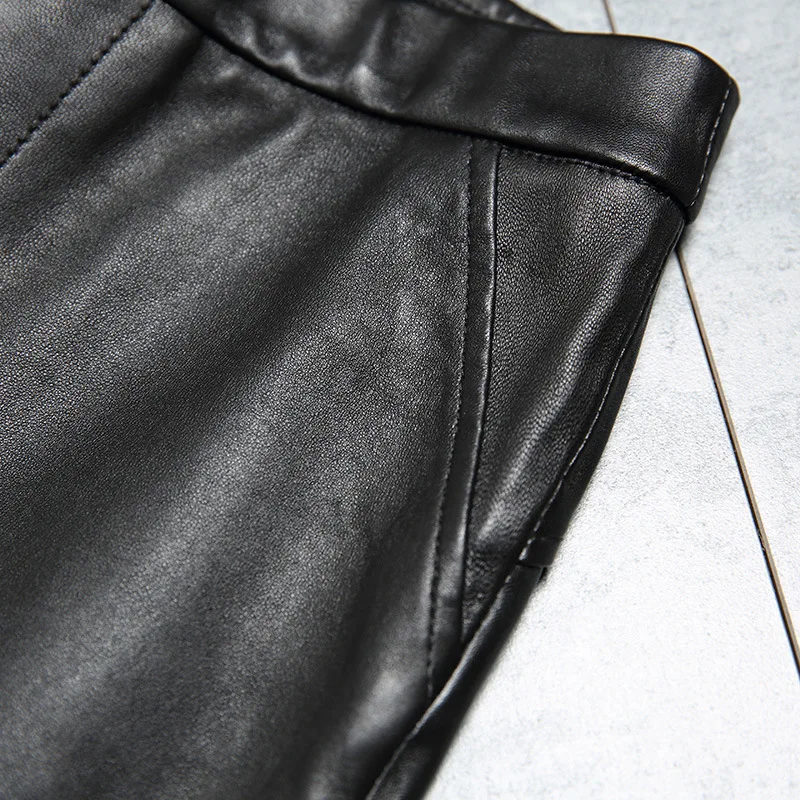 Spodnie damskie ze skóry naturalnej S-4XL, z wysokim stanem, obcisłe, elastyczne, ze skóry owczej, typu skinny, klasyczne czarne spodnie ołówkowe. — zdjęcie 6