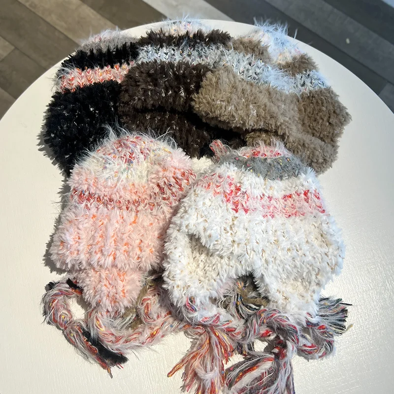 2025 Autumn And Winter New Soft And Thick Plush Hat For Women Striped Splicing Ear Protection Hats Versatile Lei Feng Cap