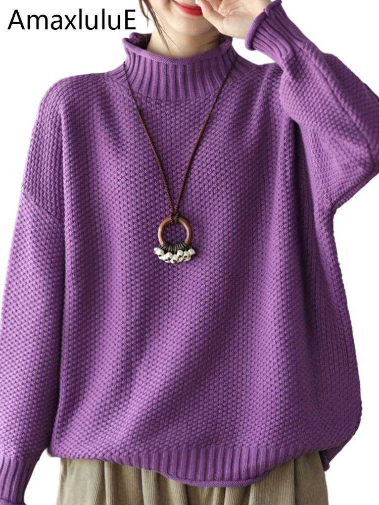 

Amax LuluE Korean 2025 Warm Vintage Soild Turtleneck Sweater Ladies Winter Classic Jumpers Womens Casual Fashion Loose Pullover