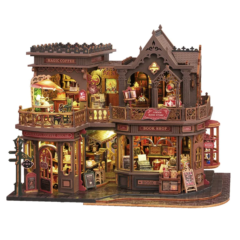 Magic Coffee & Book Shop DIY Dollhouse Model - Handmade Assemble Bookend Coffee House Miniature Building Toy Craft Kit Decor