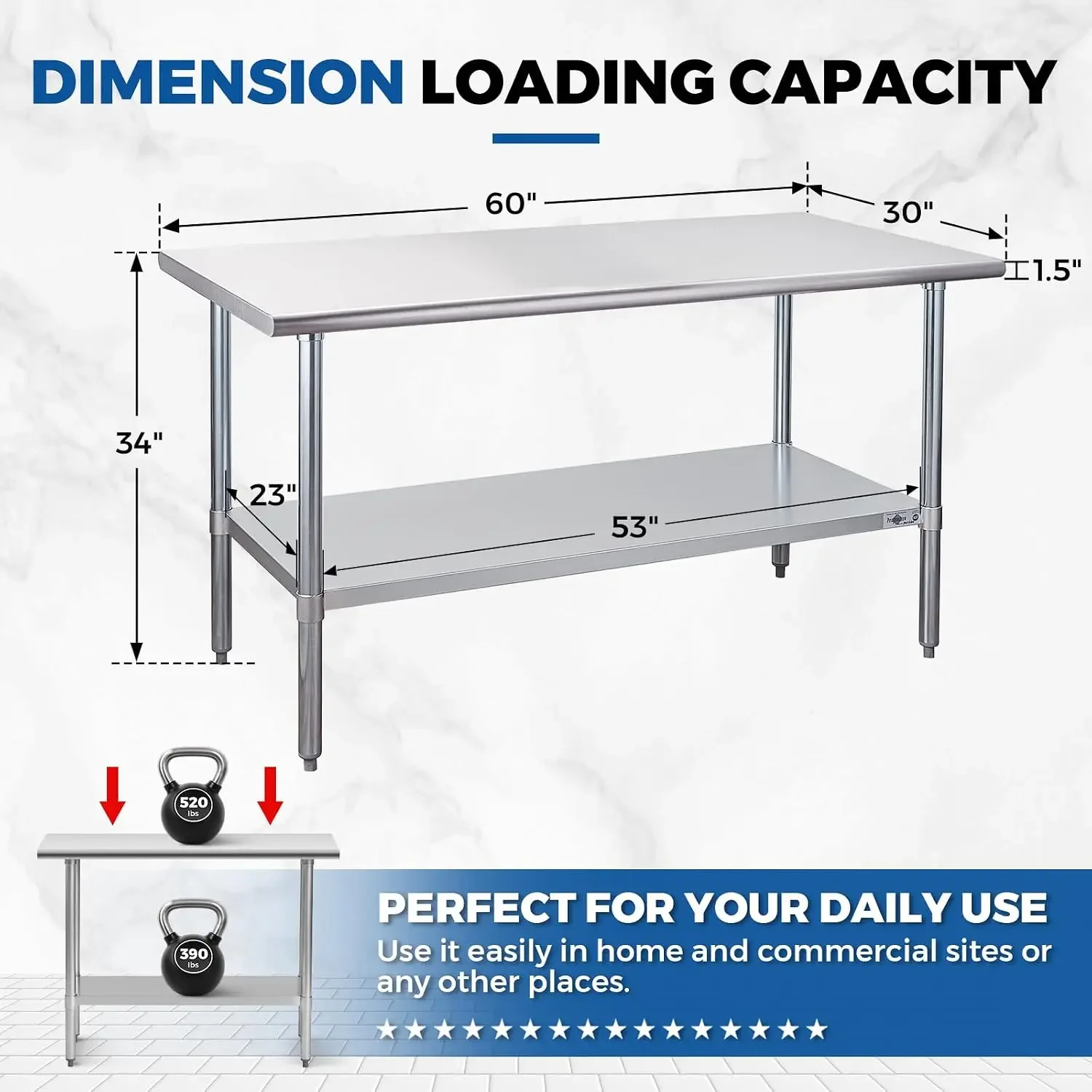 Stainless Steel Prep Table 30''x60'' NSF Commercial Workbench | Metal Work Table, with Undershelf leveling feet; Heavy Duty Tabl