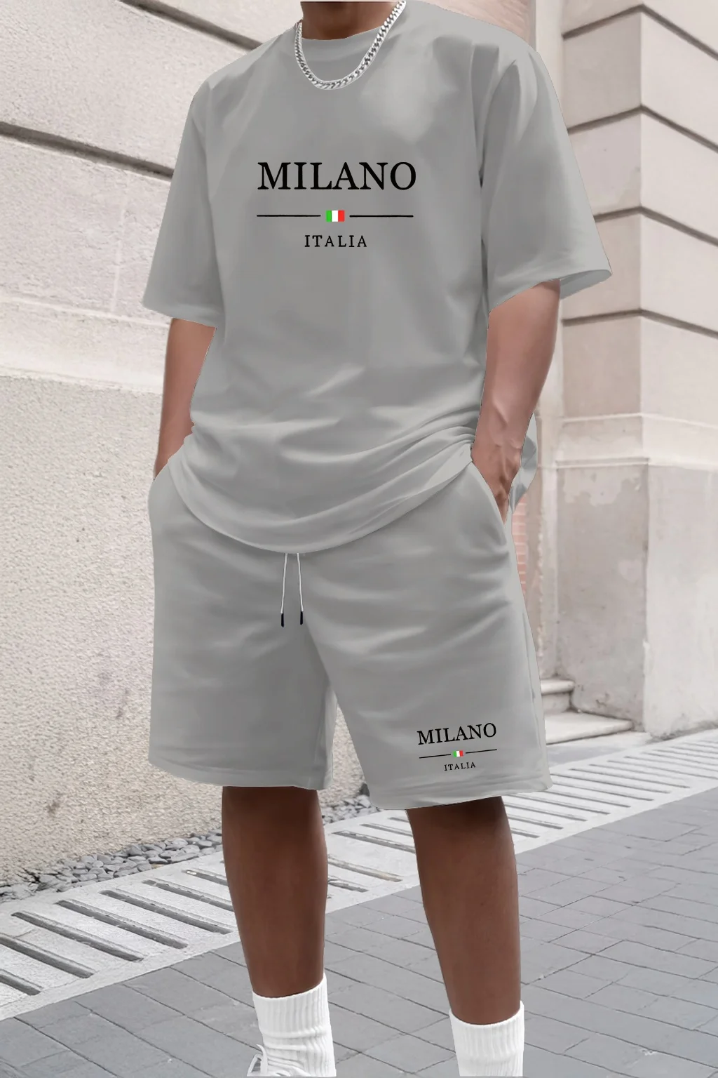 

2026 New Summer Men's Letter Printed Comfortable and Breathable Round Neck T-shirt and Shorts Set Solid Color Colo Sportswear
