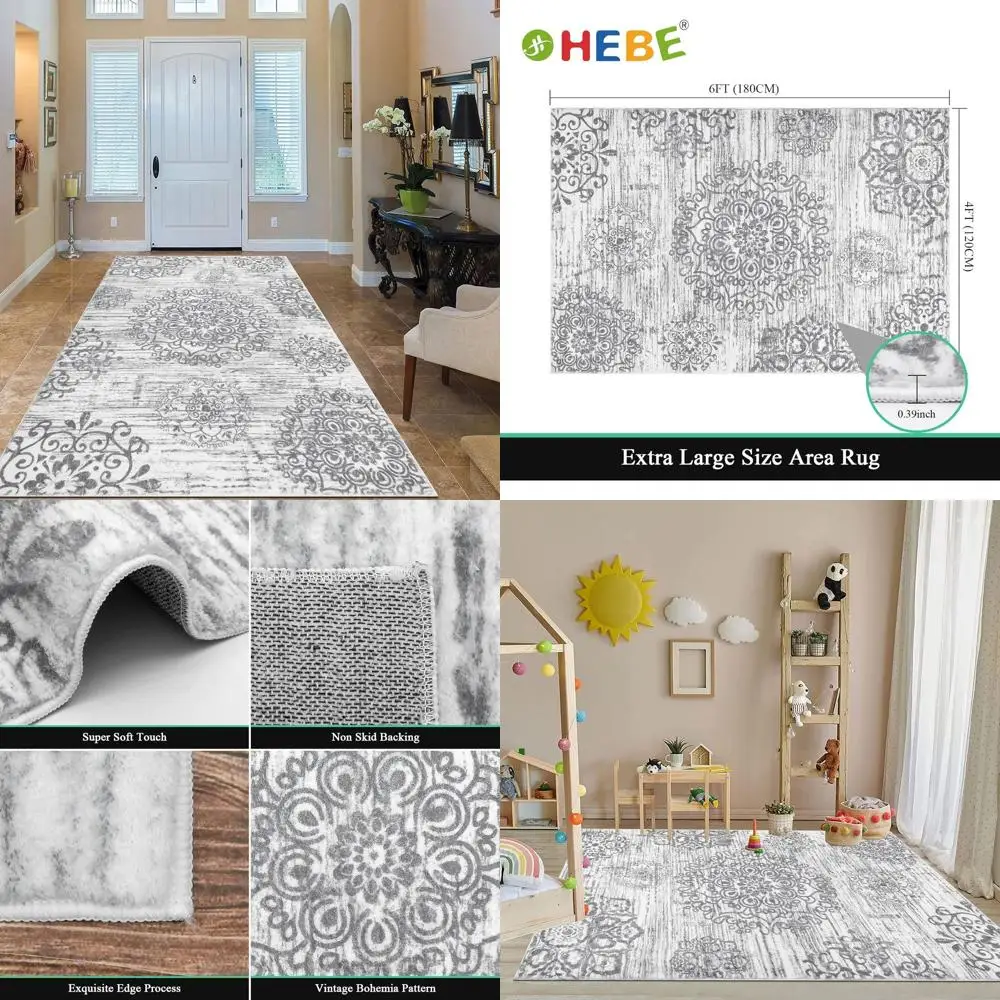 

4x6' Washable Distressed Medallion Rug - Non-Slip Soft Floor Cover for Bedroom, Living Room, Dining, and Bath