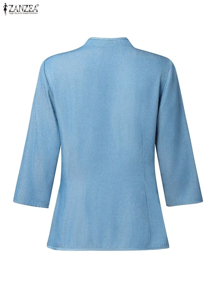 2025 ZANZEA 女性秋デニムシャツ 3/4 袖ボタン V ネックエレガントなオフィスレディブラウスファッショントップス固体女性ブラウス