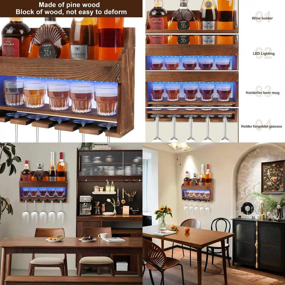 

LED-Illuminated Wall-Mounted Wooden Wine Rack with Glass Holder for Kitchen, Dining, and Home Bar