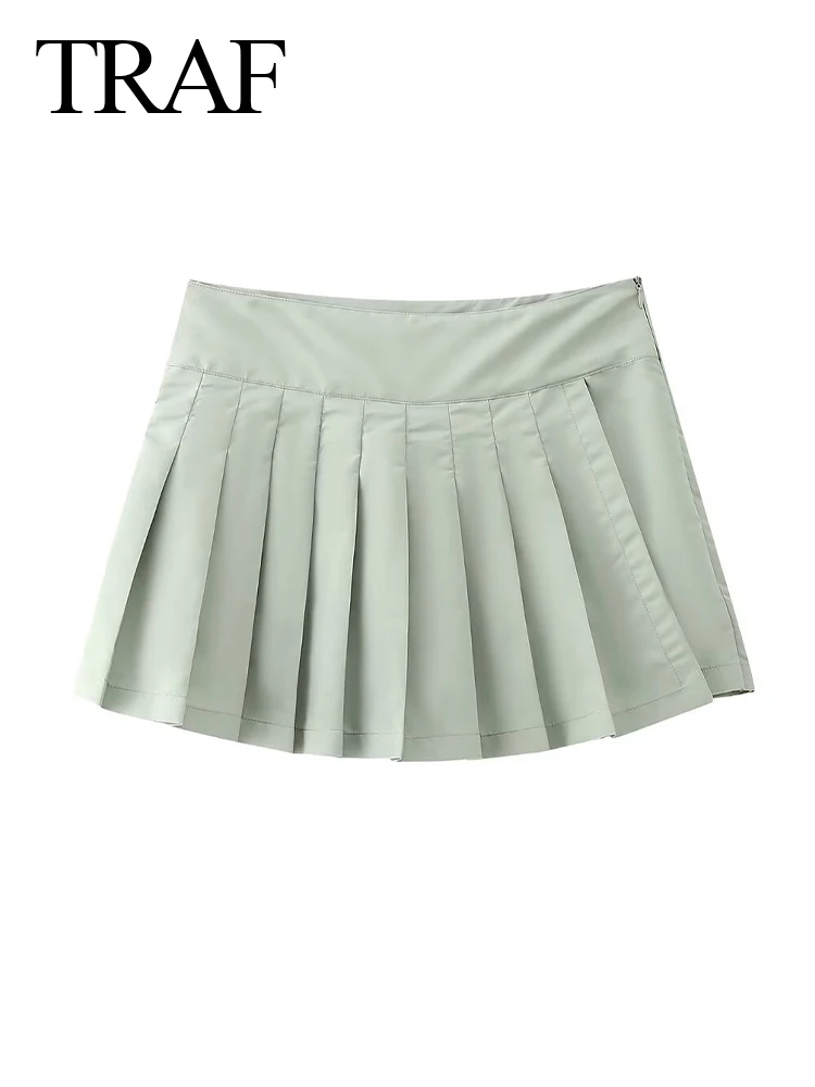 

TRAF Spring Woman Fashion Mini Culottes New Solid High Waist Zipper Pleated Skirts Wild Chic Women's Short Skirt Street Trendy