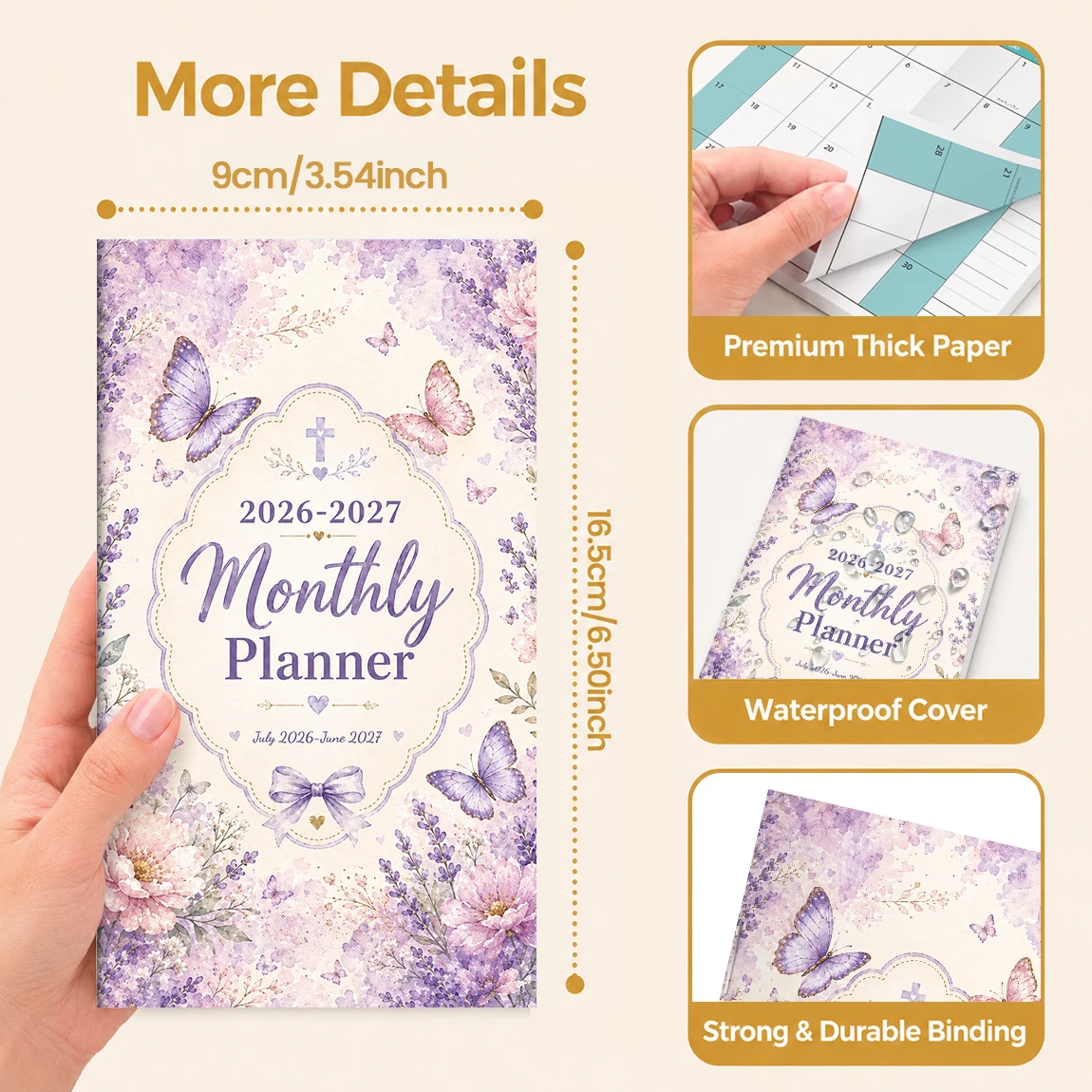 1PC 2026-2027 Monthly Planner, 9x16.5cm Floral Butterfly Pocket Organizer, July 2026-June 2027, Waterproof Cover