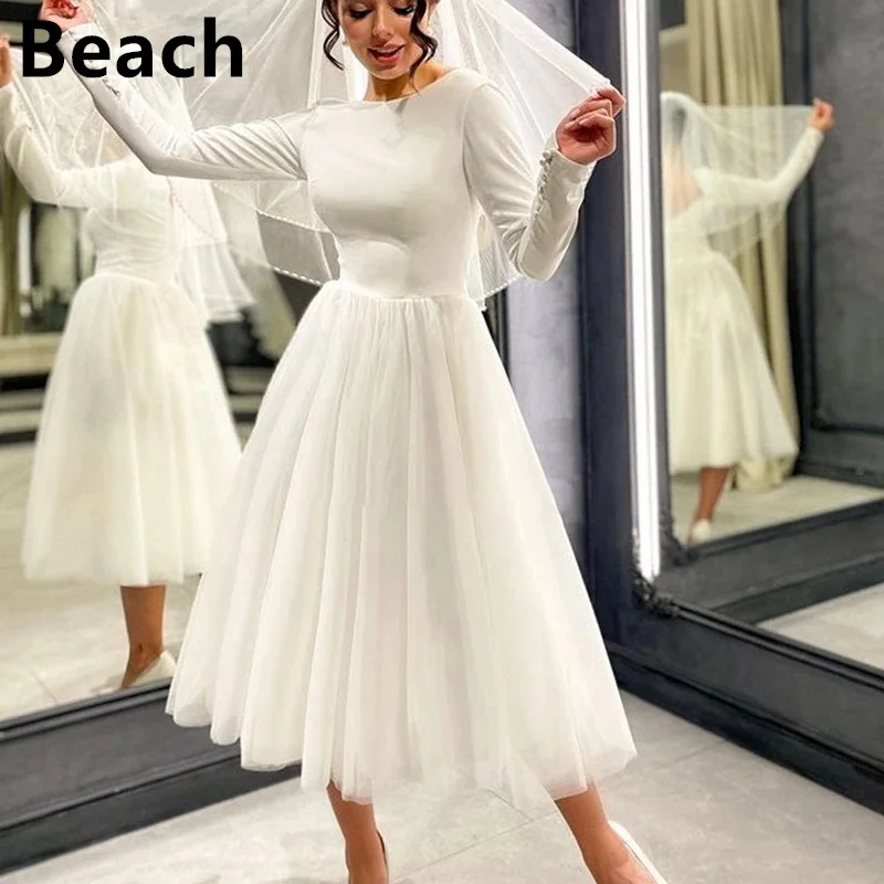 

Minimalistic Style Open Back High Neck A-Line Wedding Dress 2022 Tulle Tea Length Bridal Gowns Buttons Sleeves Vestidos