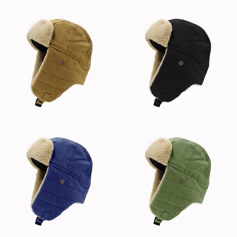 Canvas Ear Protection Winter Cap Men Women anti-cold Thickened Fleece Cotton Hat Cycling Warm Windproof Pilot Caps Hot 2