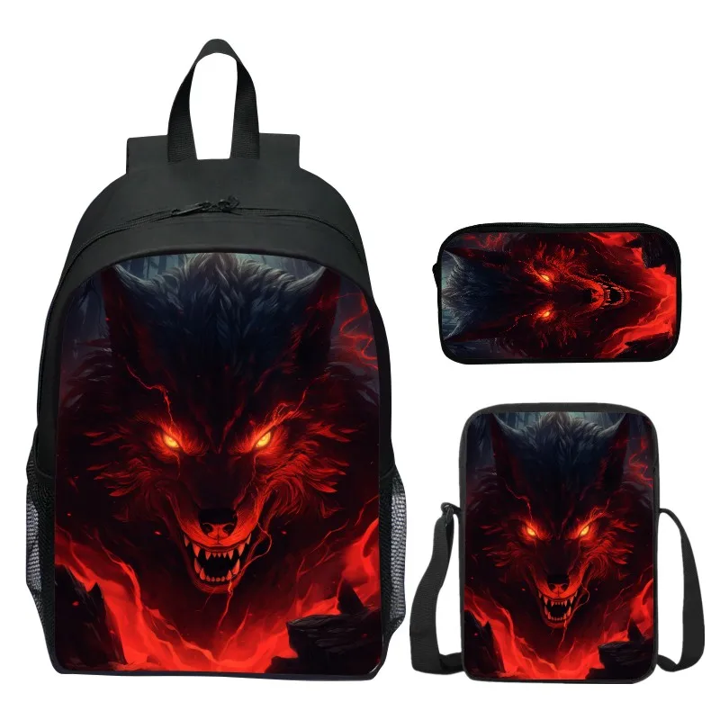 Mochila con estampado de lobo Angry para niños, Juego de 3 piezas, mochila escolar para estudiantes, mochila para ordenador portátil de alta calidad para adolescentes