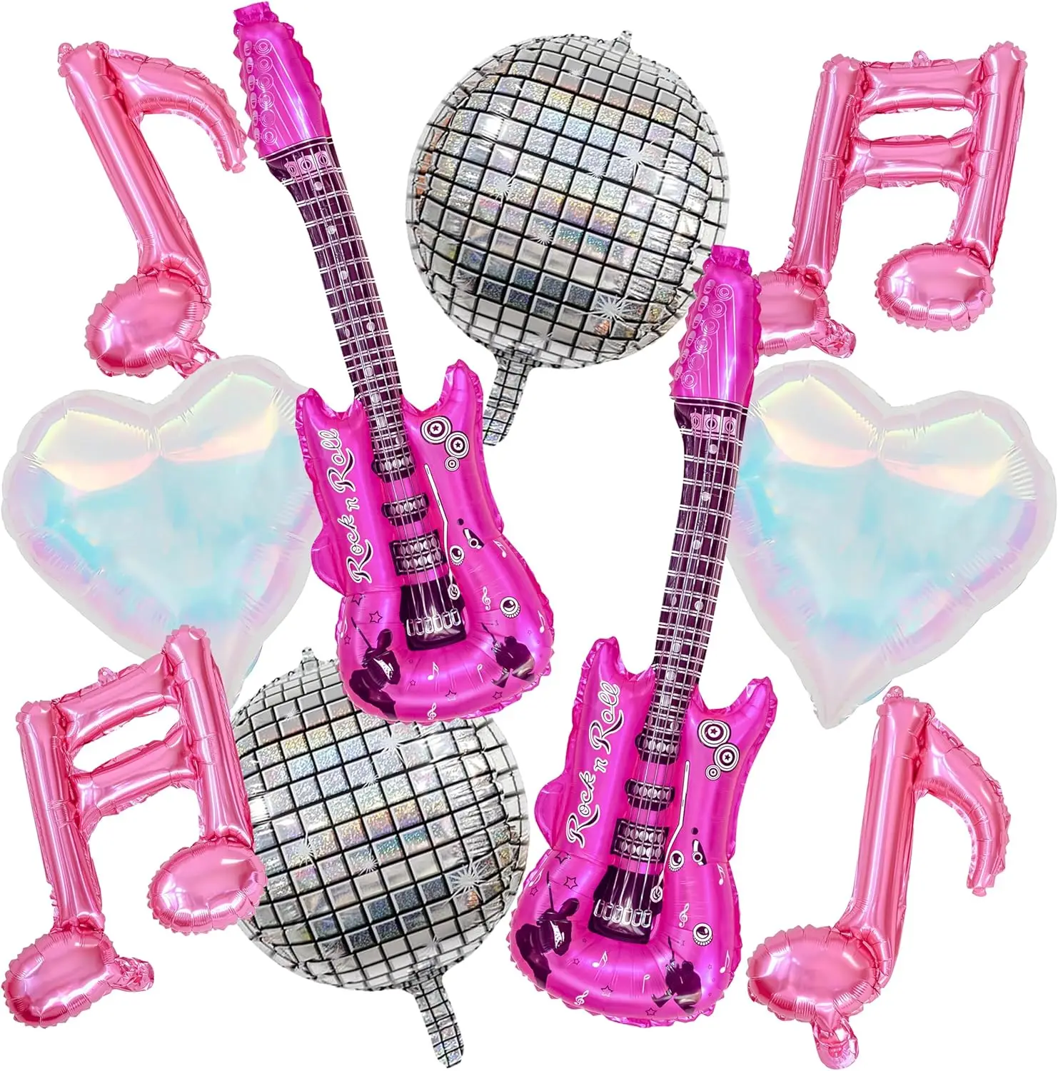 10 Stück K-Pop Musik Geburtstagsparty Dekoration Musiknoten Ballons Aufblasbare Discokugel Gitarren-Folienballon Hot Pink Geburtstagsdeko