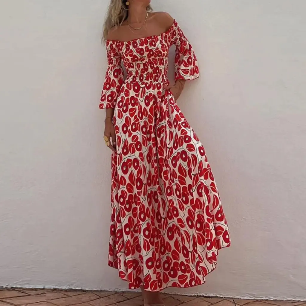 Vestido largo plisado con estampado floral para mujer Estación independiente Diseño elegante con hombros abiertos y bolsillo