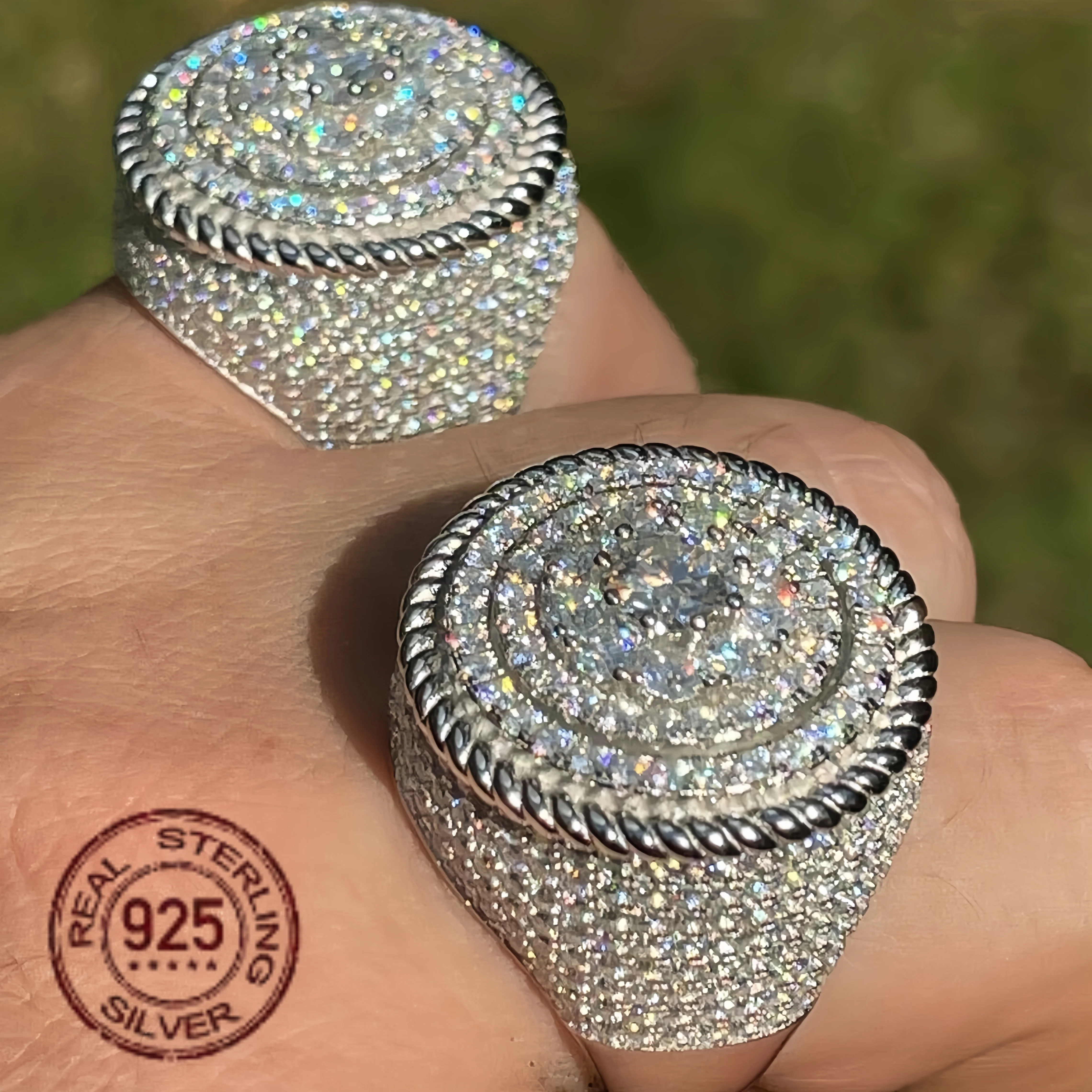 Fashion Luxury Men's Huge Iced Out Zircon Round Hip Hop Rapper Pinky Ring Solid 925 Sterling Silver Sizes 8 to 12