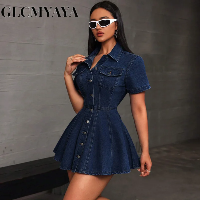 GLCMYAYA Fashion Vintage Women Street Denim Mini Dress 2025 Fall Short  Sleeve Single-breasted Sexy Party A-Line Dresses Vestidos - AliExpress  200000345