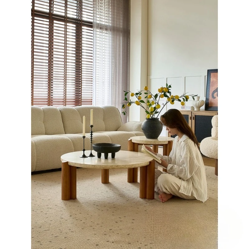 

Coffee table, medieval style small round table, marble vintage solid wood living room