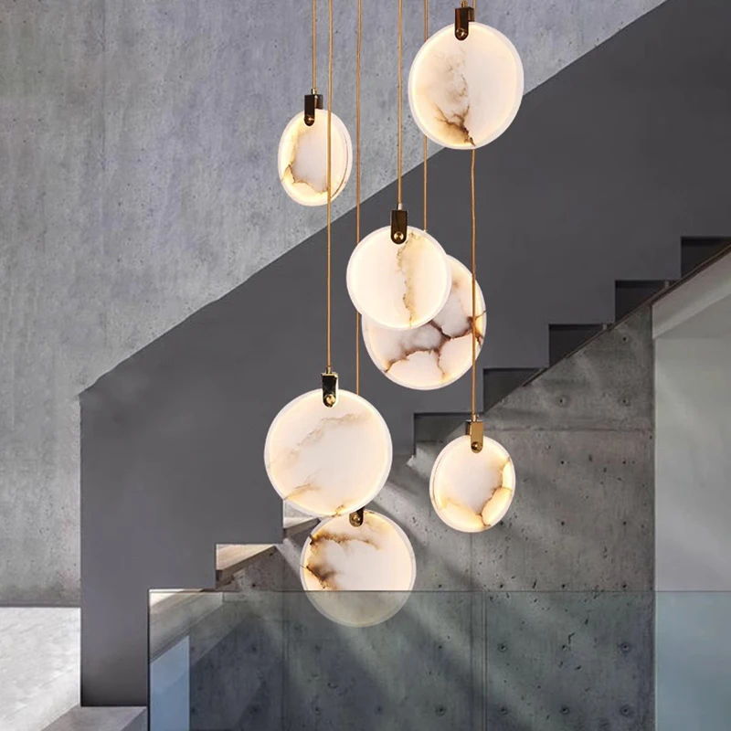 Modern Decorative Lighting Restaurant LED Light Luxury Living Room Staircase Marble Pendant Lamp Duplex Villa Ceiling Chandelier