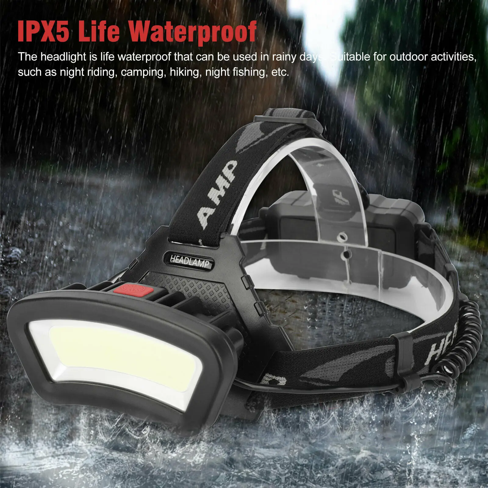 COB LED Wide Headlamp Wide Range Lighting USB Rechargeable LED Wide Angle Headlight with Battery Level Display 2*18650 Batteries