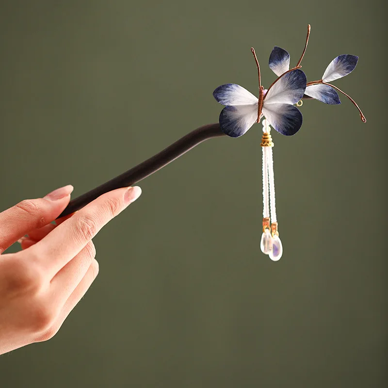 

Blue Gradient Butterfly Hairpin, Handcrafted Silk Velvet Flower Sandalwood Hairpin, Blue Coiled Hair Hairpin And Hair Accessory