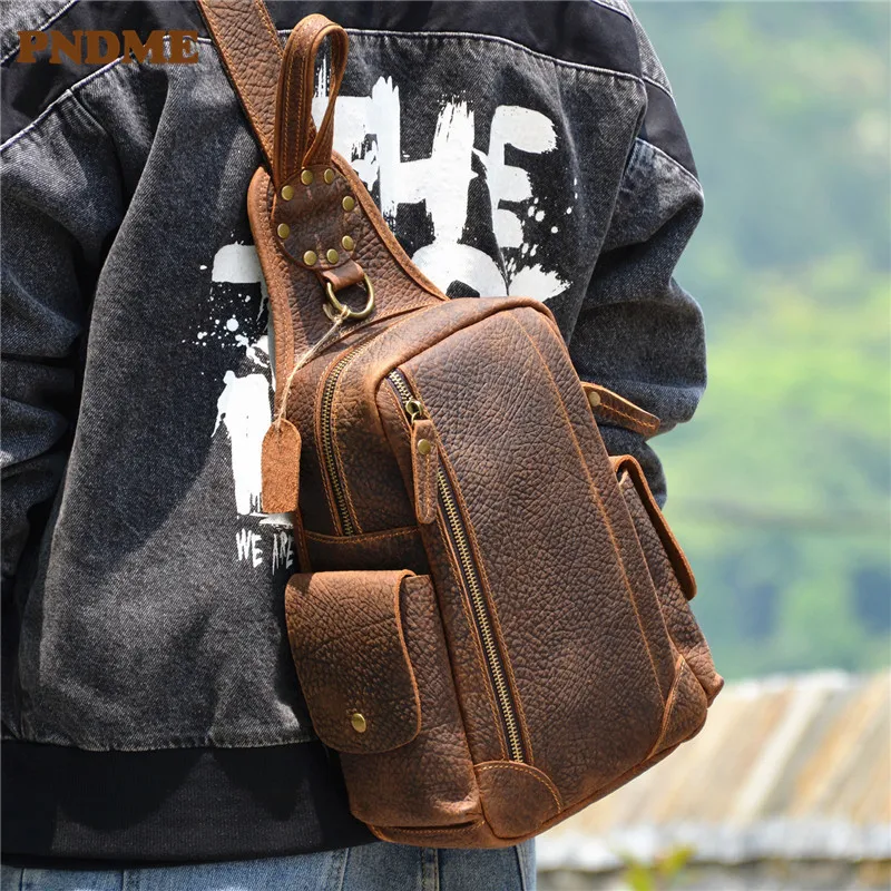 PNDME fashion retro real leather men\'s chest bag outdoor daily travel crazy horse cowhide multifunctional shoulder crossbody bag