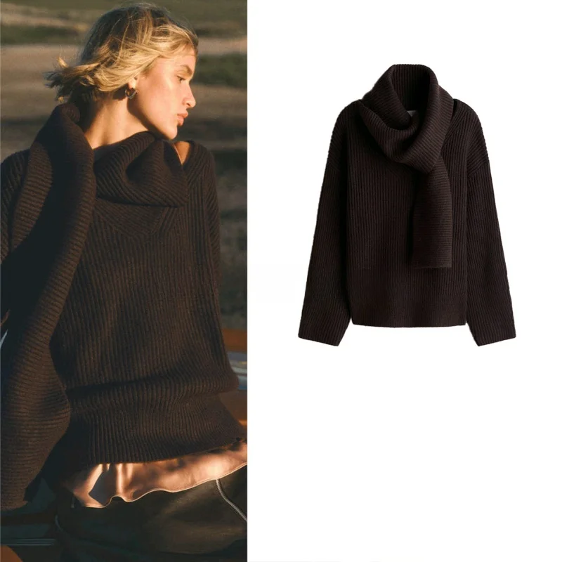 

Spring New Women's Loose Fit oulder Drop Long Sve Soft Ribbed Knitted Scarf Collar Top Polyester Fiber Hoodie Sle