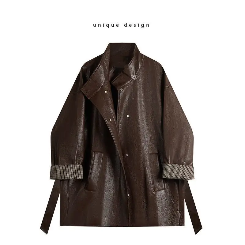 النمط الأمريكي بو الجلود سترة الكورية نمط التخسيس صف واحد المخفية زر تصميم ربيع الخريف القهوة معطف جلد ملون