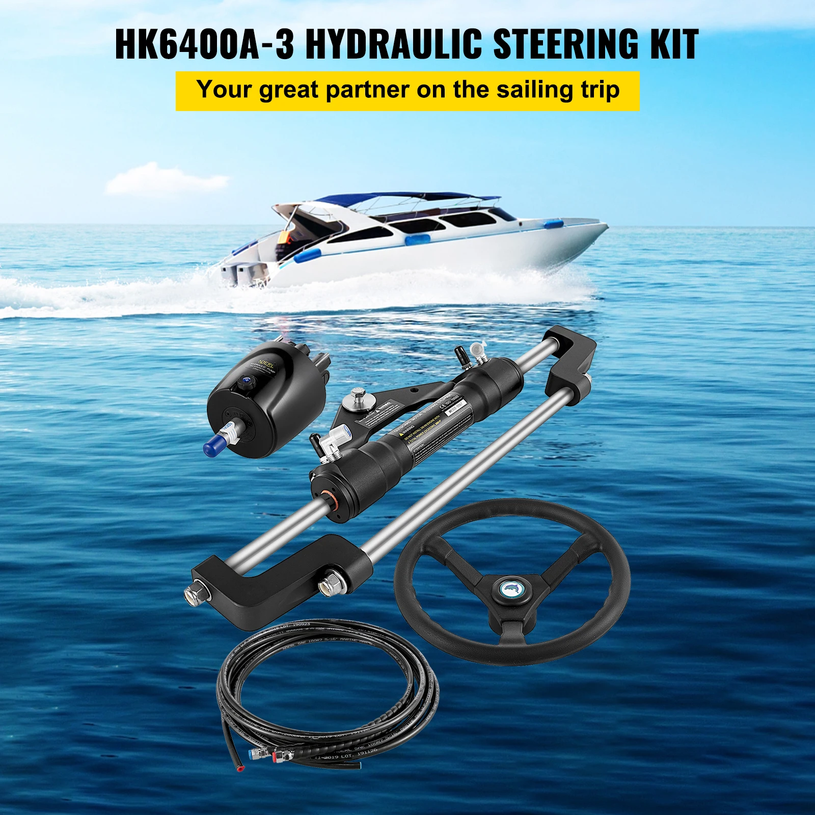 VEVOR 300HP Hydraulic Outboard Steering Kit With Helm Pump Cylinder Wheel 10-24FT Hose HK6400A-3 HO5124 Marine Boat Accessories