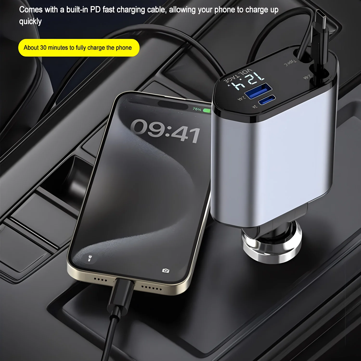 

4 in 1 Retractable Car Charger Fast Charging Car Charger with Type-C Cable & USB Type C Charging Ports Car Charger