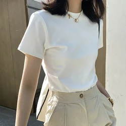 100% Pure Cotton Casual Short Sleeved T-shirt for Women's Summer Elastic Slim Fit Round Neck Bottom Shirt for Women's  Fashion