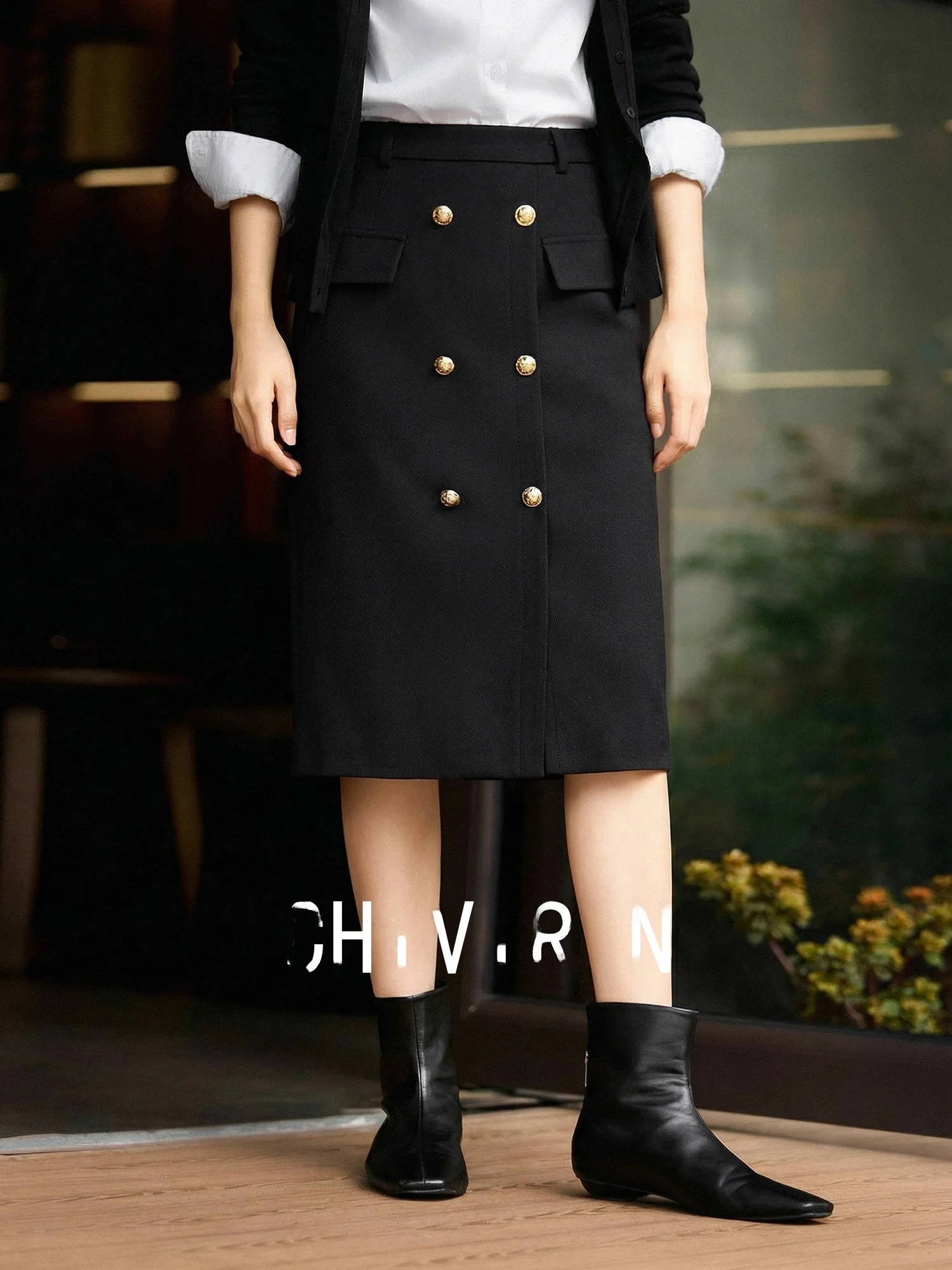 

Ele A-Line Midi Skirt High Waist Double Button Slimming Commuter Skirt Bla Wool Polyester Nylon Blend Office Wear