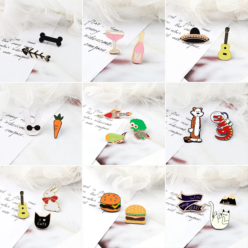 2-3 pcs/set Funny Alien Enamel Pins Aircraft Rocket Brooches Cute Rabbit Tiger Cat Badges Hat Shirt Lapel Jewelry Gifts for Kids