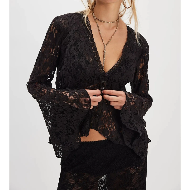 Women's Floral Lace See Through Blouse Boho Sheer Long Bell Sleeve Ruffle Poncho Tops Sexy Sheer Flowy Frilly Hem Shawl Shirts