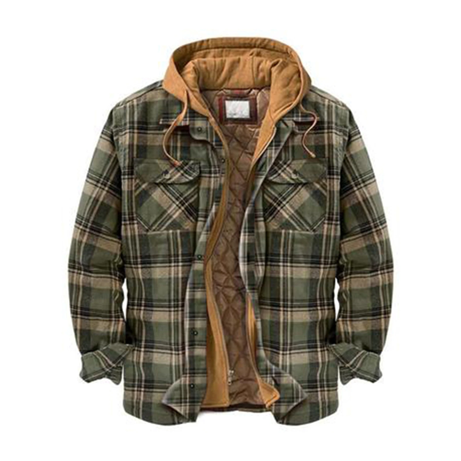 Mens Warm Quilted Lined Cotton Jackets With Hood Button Down Zipper Long Sleeve Plaid Jackets