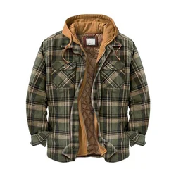 Mens Warm Quilted Lined Cotton Jackets With Hood Button Down Zipper Long Sleeve Plaid Jackets