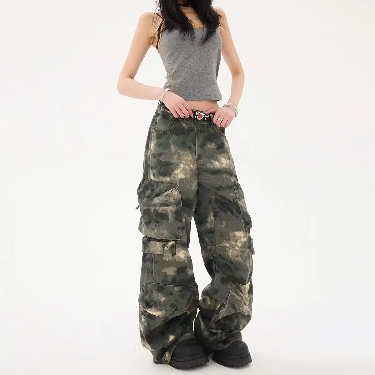 Mulheres y2k camuflagem carga jeans vintage cintura alta hip hop calças de perna larga multi bolsos feminino baggy calças jeans retas