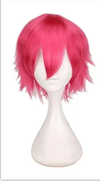 Wig Cosplay rambut pendek hitam putih ungu merah pesta pria 30 Cm Wig rambut sintetis serat temperatur tinggi