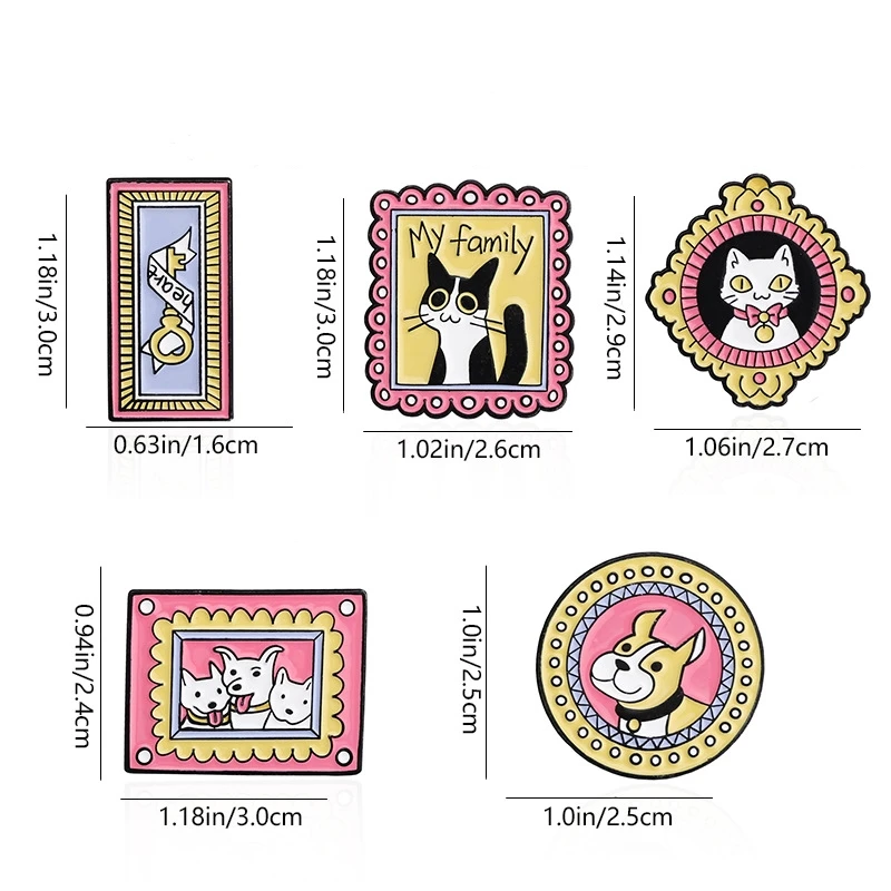 5pcs Cute Cat Dog Photo Frame Enamel Brooch Creative Family Good Friend Lapel Pin Badge Backpack Clothing Hat Accessories