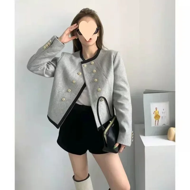 Women's Blazer Chic Elegant Round Neck Clothing Casual Temperament Double-breasted Irregular Long Sleeve Coat Clothes Top New